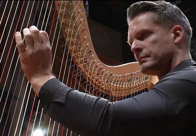 Man standing by a harp. Photo.