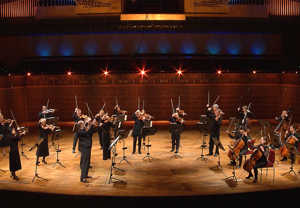 Musicians standing in the big hall and playing. From the concert.